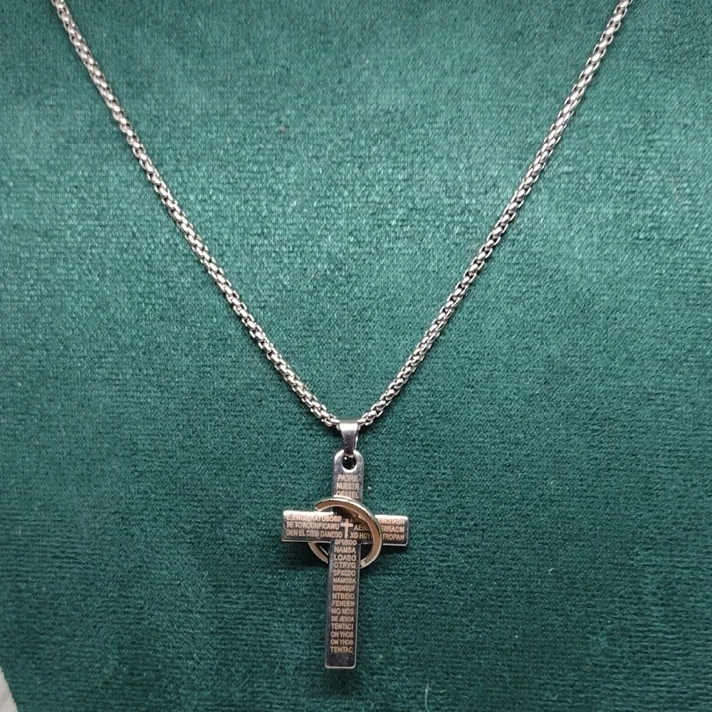 ✨ Silver Lord's Prayer Cross Pendant Necklace Interlocking Ring Unisex NWT
